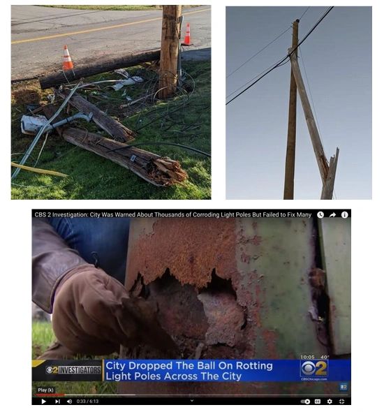 Wood and metal poles show the ravages of time