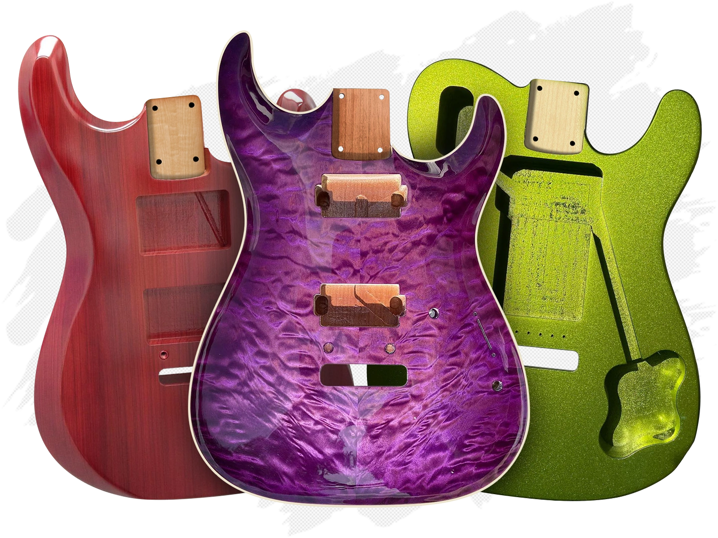 Three guitars, red, purple, and green, finished in nitrocellulose.