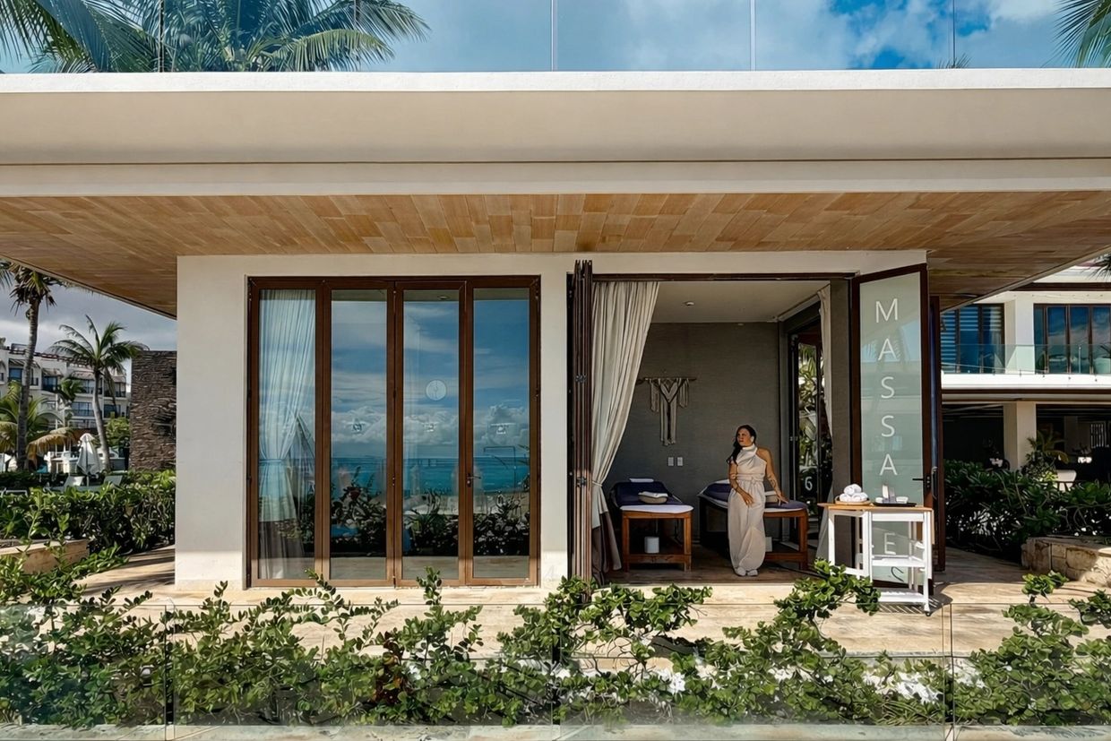 Modern outdoor massage room with a woman standing inside.