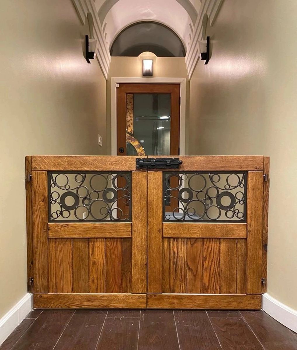 Hallway or stair double door baby gate with contemporary metal circle ...