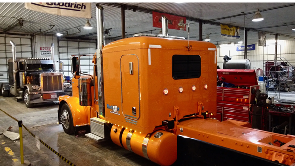 Orange Peterbilt in Shop