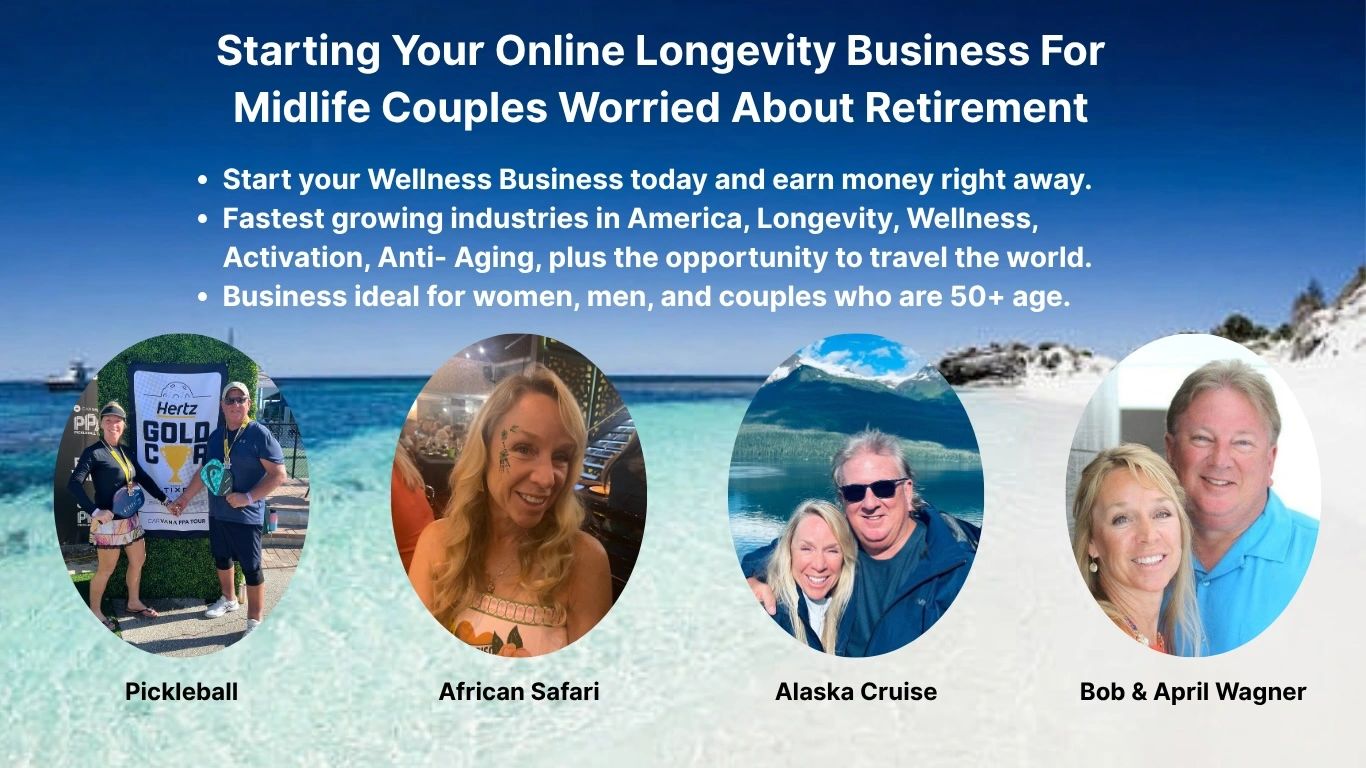 Online longevity business for midlife couples with wellness and travel opportunities.