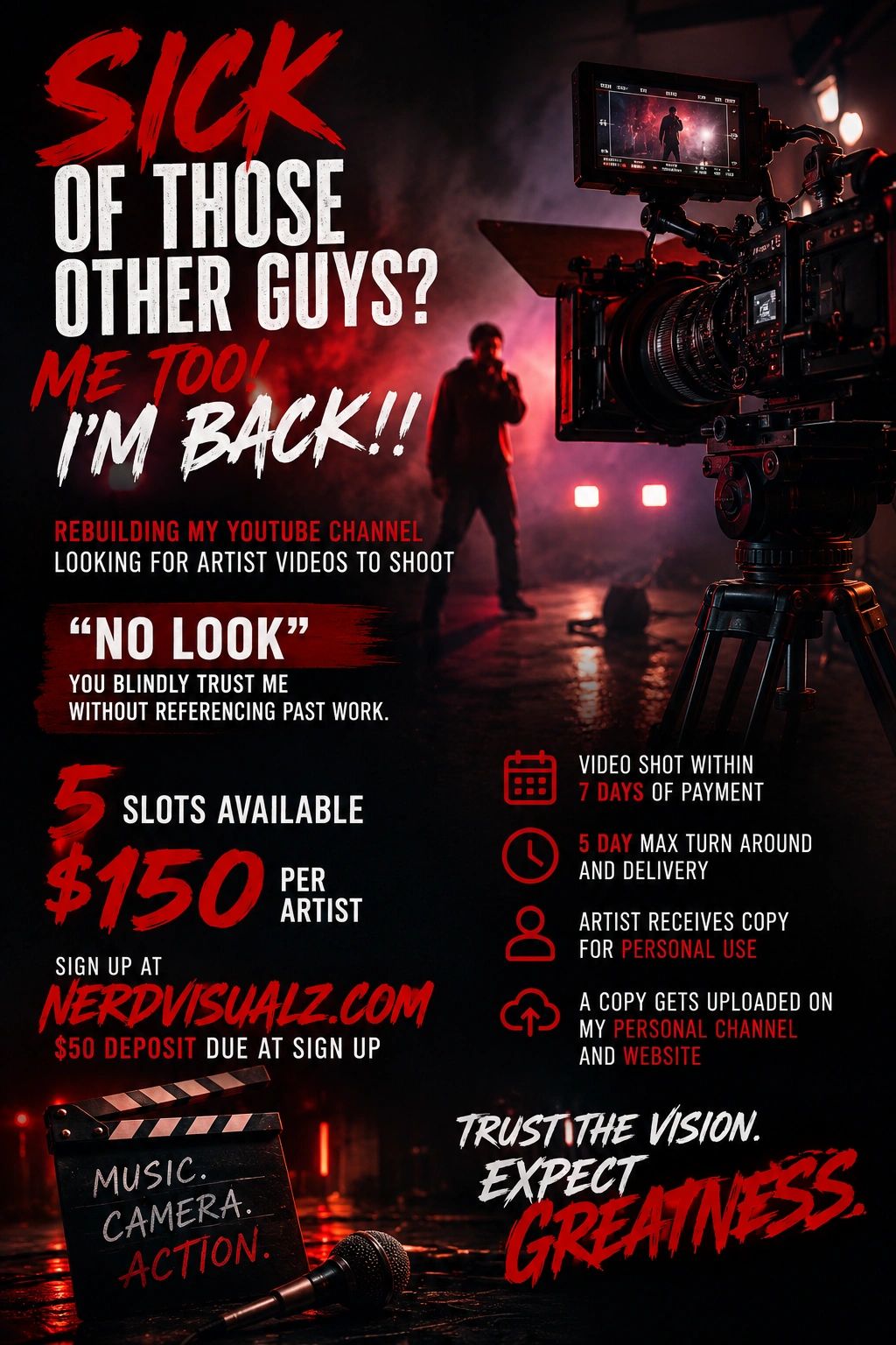 Film production ad offering artist video shoots with fast turnaround and limited slots.
