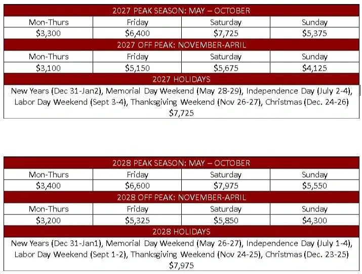 Banquet hall rates for 2027-2028