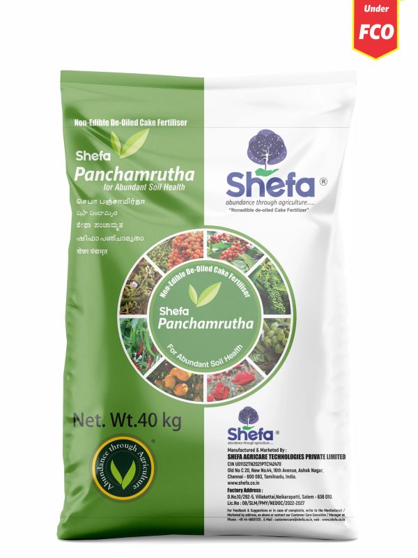 Bag of Shefa Panchamrutha non-edible de-oiled cake fertilizer weighing 40 kg.