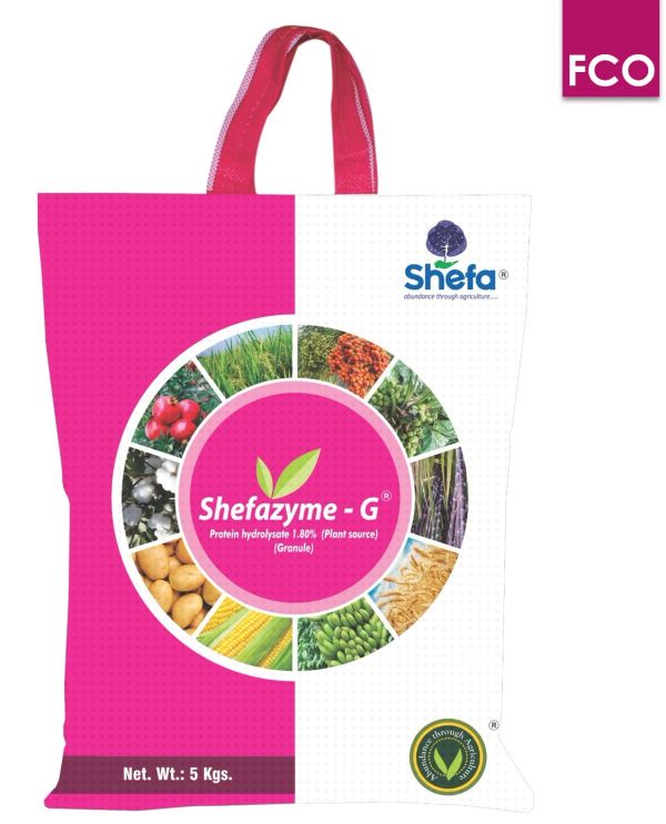 Bag of Shefazyme-G agricultural product with images of crops.