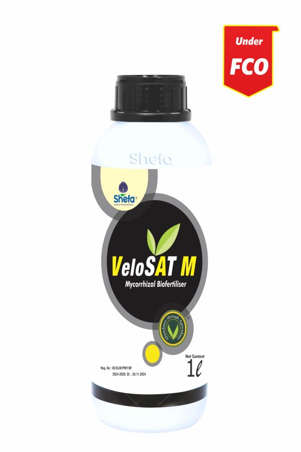 Bottle of VeloSAT M Mycorrhizal Biofertiliser by Shefa, 1L.