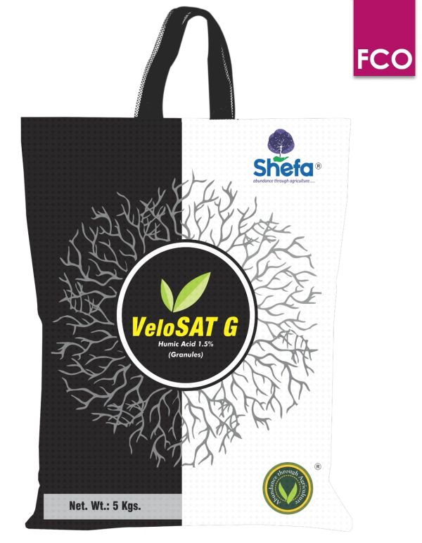 Bag of VeloSAT G humic acid granules from Shefa agriculture.