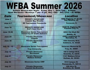 WEBA Summer 2026 athlete tournaments and showcases schedule.