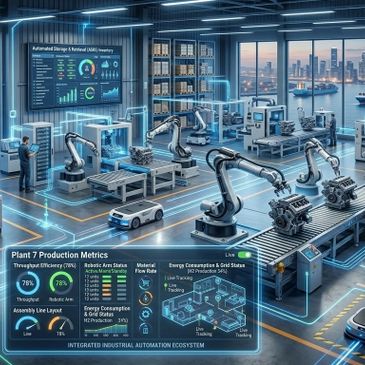 Futuristic automated factory with robotic arms assembling engines and digital monitoring.