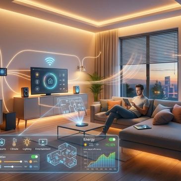 A man controls a smart home system using a tablet in a modern living room.