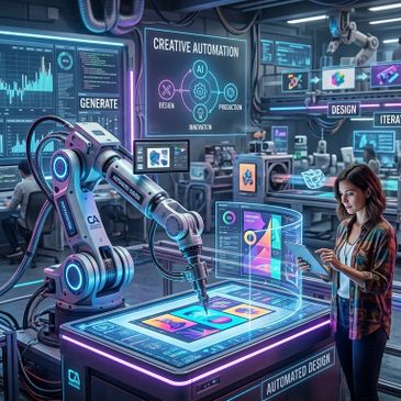 High-tech lab with robots and holographic interfaces for automated design and creative automation.