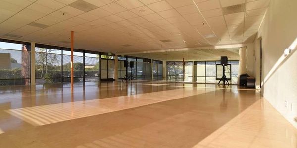 Spacious empty room with large windows and sunlight streaming in.