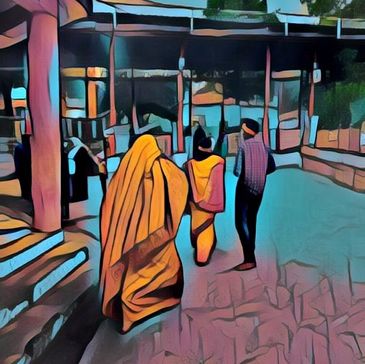 People walking near a building with colorful attire in a stylized art effect.