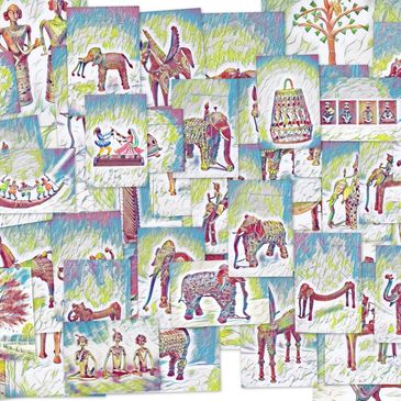Collage of colorful tribal art featuring animals, people, and nature motifs.