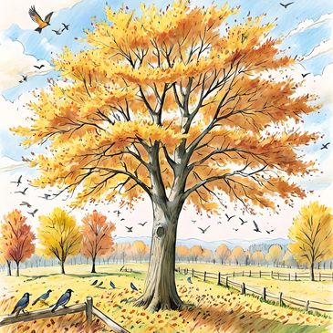 Autumn tree with golden leaves and birds flying around in a peaceful countryside.