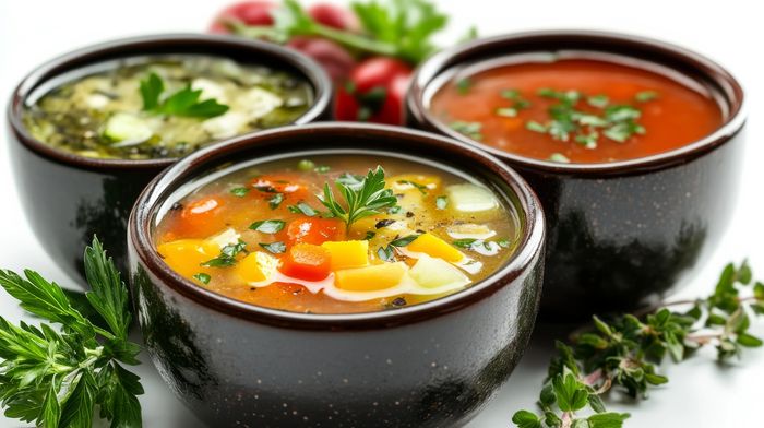 Three bowls of colorful vegetable soups garnished with fresh herbs.