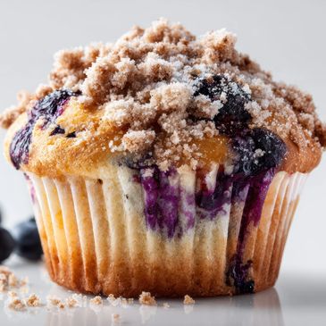 A blueberry muffin with crumb topping.