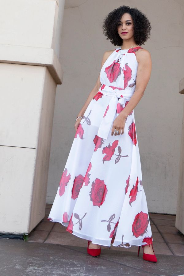 Red and white georgette maxi dress.