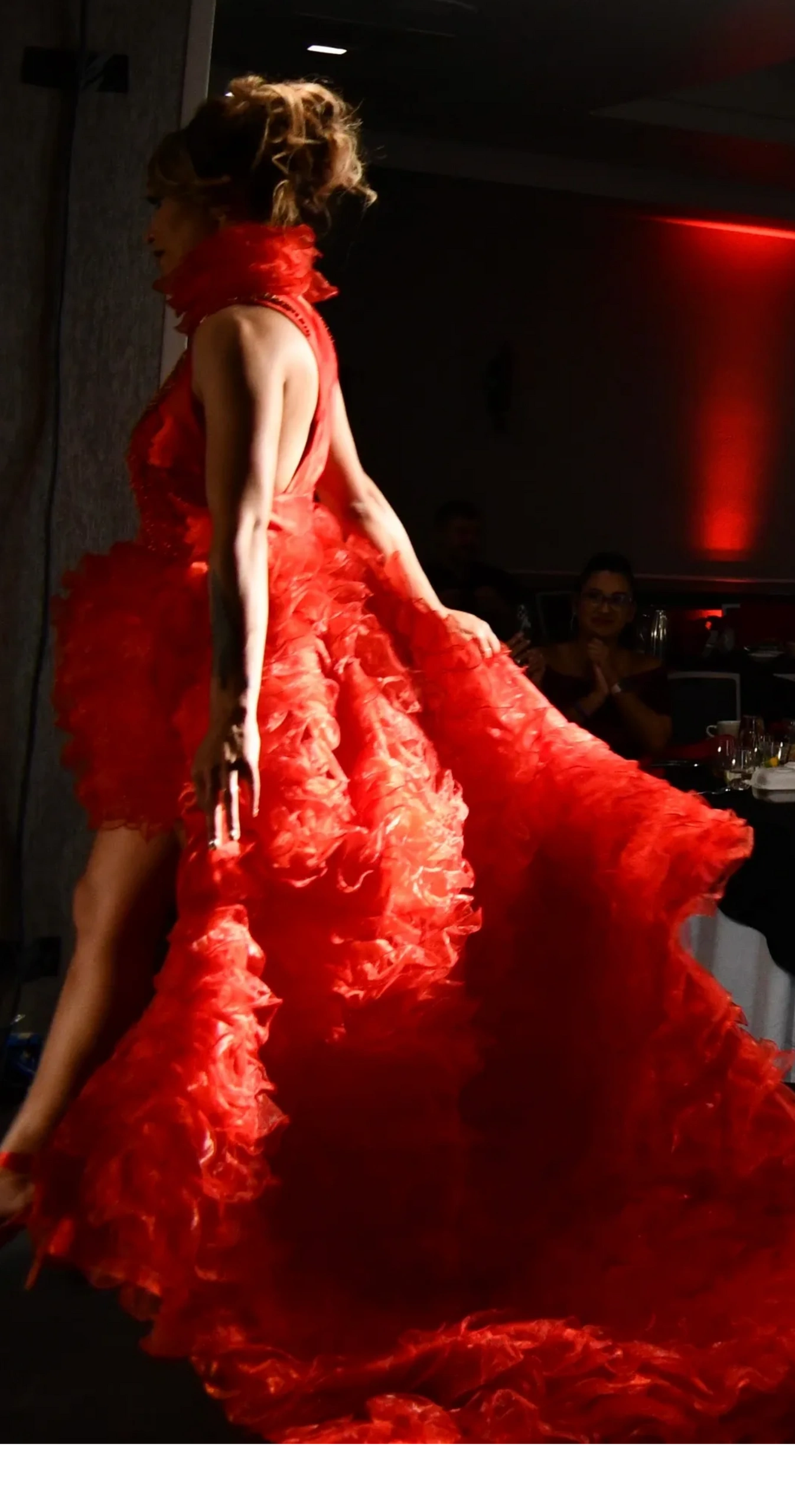 Elegant Red Ruffled Organza Couture Evening Gown