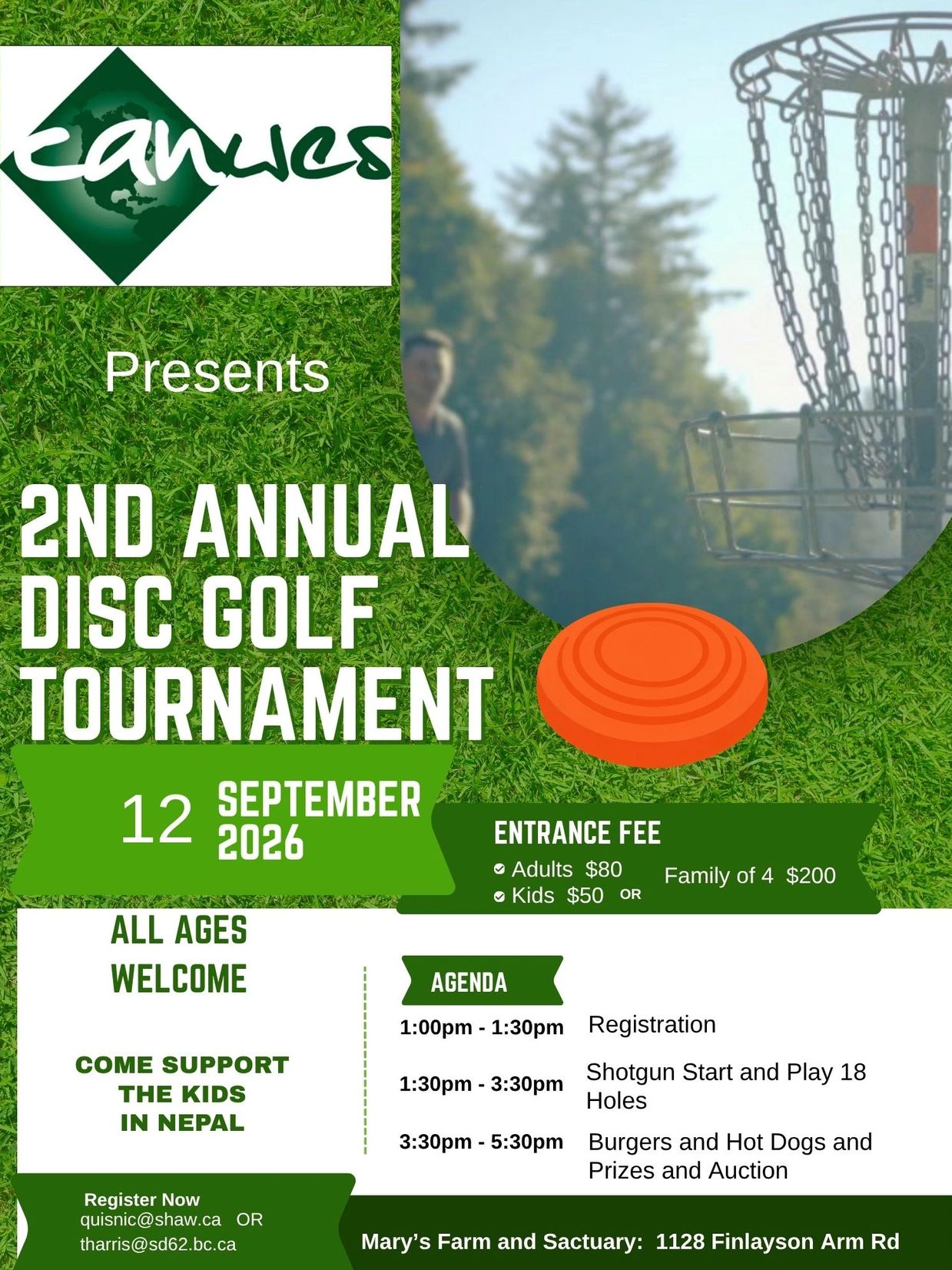 Flyer for the 2nd Annual Disc Golf Tournament on September 12, 2026.
