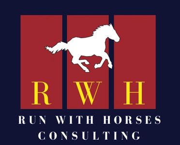 Run With Horses Consulting Logo with the RWH on three red bar and a white horse silhouette running 