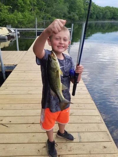 Young boy proudly holding a freshly caught fish on a dock by the lake.