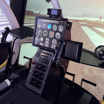 Helicopter cockpit simulator with detailed controls and runway view.