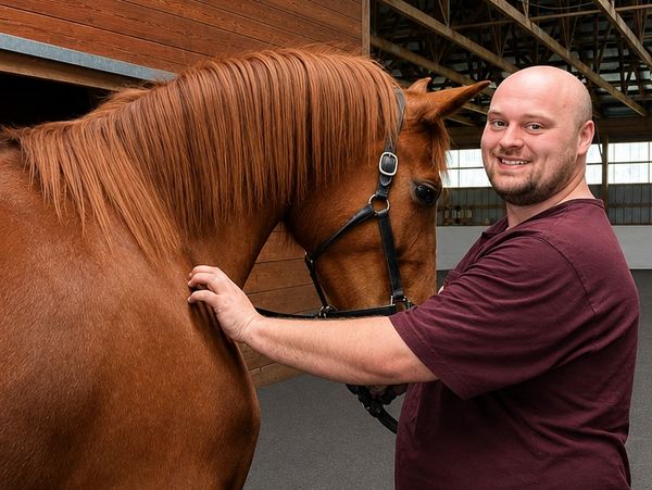 A smiling man petting a chestnut horse indoors.