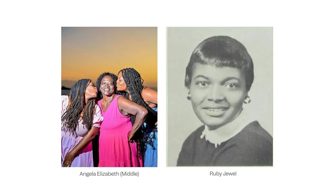 Two images: a joyful family moment with Angela Elizabeth in the middle and a vintage portrait of Ruby Jewel.