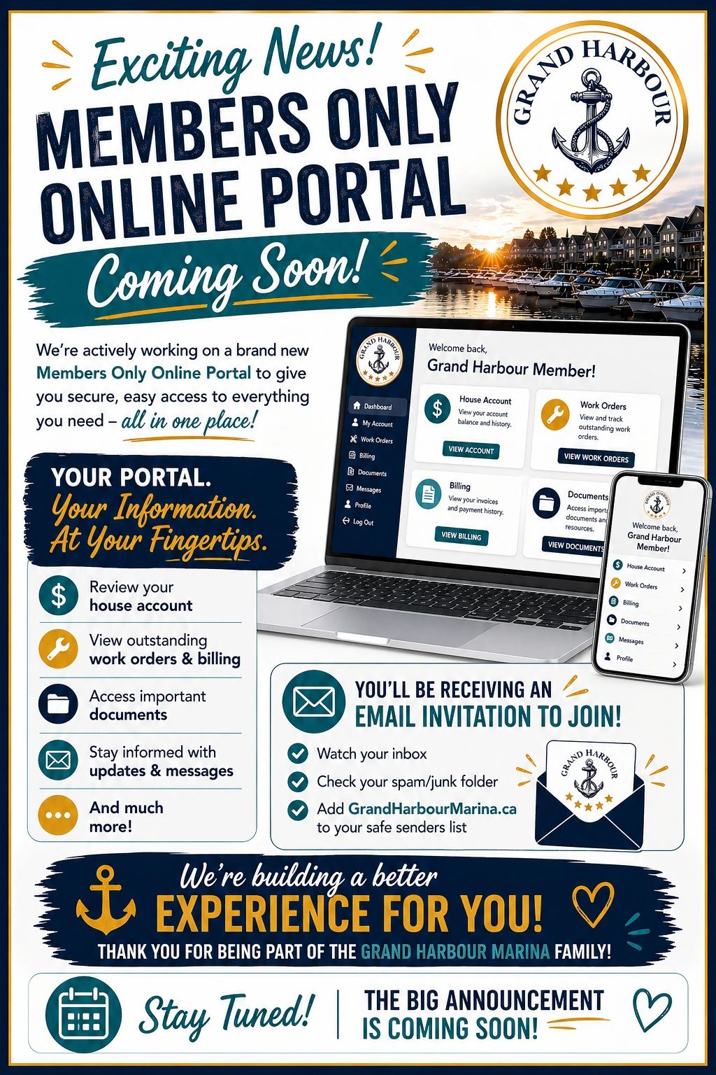 Announcement of a new Members Only Online Portal for Grand Harbour Marina coming soon.