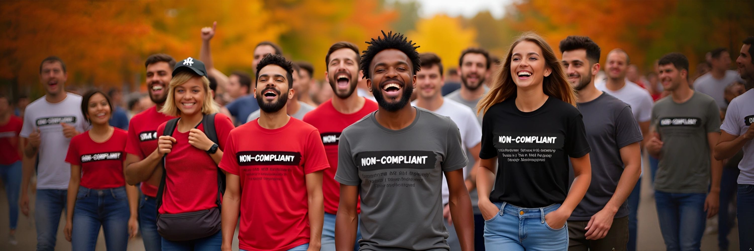 Group of people walking through a park smiling. Many are wearing "Non-Compliant" shirts