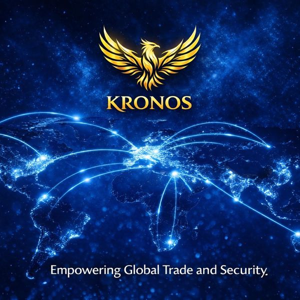 Golden phoenix logo over a glowing global network map, symbolizing worldwide trade and security.