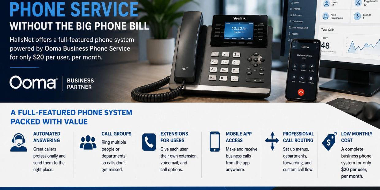 Promotional image for Ooma Business Phone Service by HallsNet.