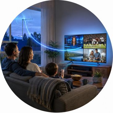 Family enjoying TV with satellite signal.