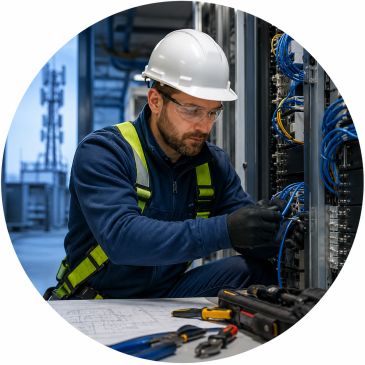 Technician working on network cables in a server room.