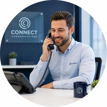 Man talking on office phone at Connect Communications.