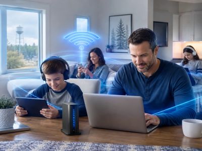 Family using multiple devices connected to Wi-Fi at home.