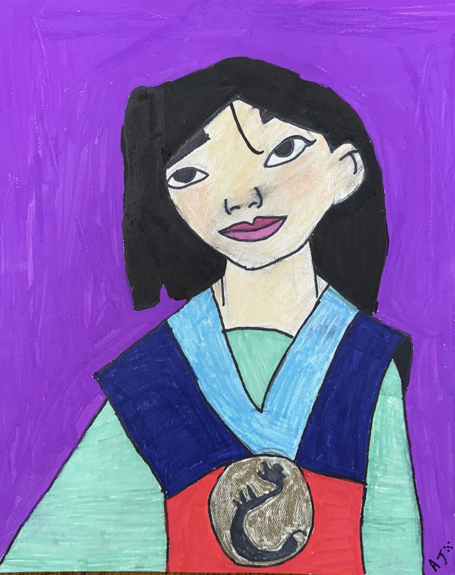 Colorful portrait of a woman with black hair against a purple background.