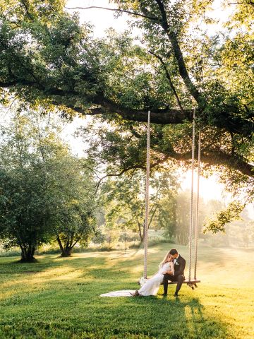 Couple sharing a romantic moment on a swing under a large tree at sunset.