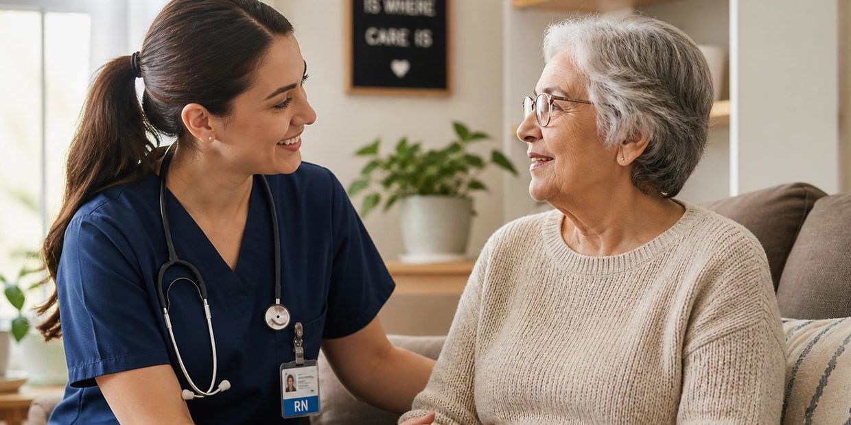A nurse in blue scrubs smiles while talking to an elderly woman at home.