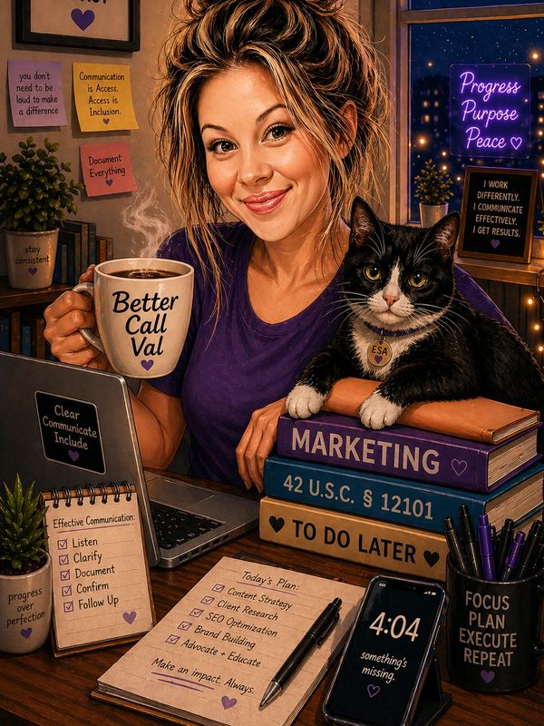 A woman with a cat, coffee, and motivational notes at her workspace.