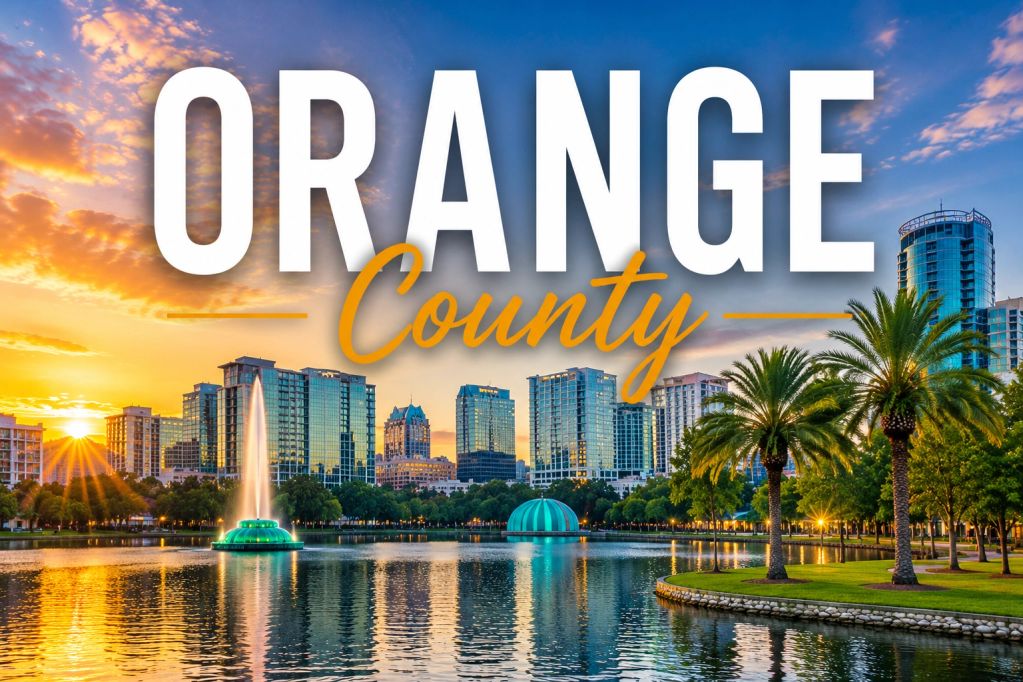 Orange County city skyline at sunset with palm trees.