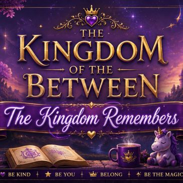 A magical purple-themed banner for 'The Kingdom of the Between' with a unicorn and inspirational quotes.