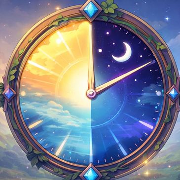 A magical clock showing day and night with sun and moon.