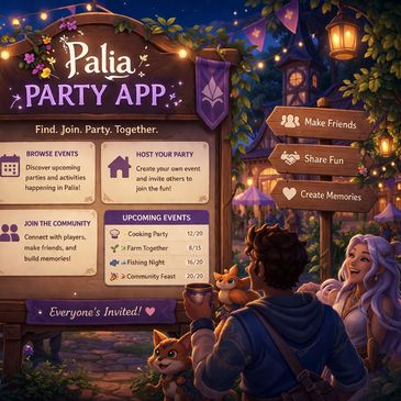 Fantasy-themed Palia Party App board inviting players to join events and make friends.