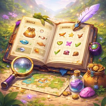 Fantasy-themed open book with magical items and checklist in a glowing forest.