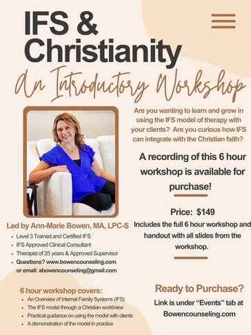 Workshop flyer for IFS and Christianity integration led by Ann-Marie Bowen.