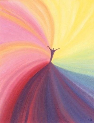 Abstract painting of a person with arms raised amidst swirling colorful waves.