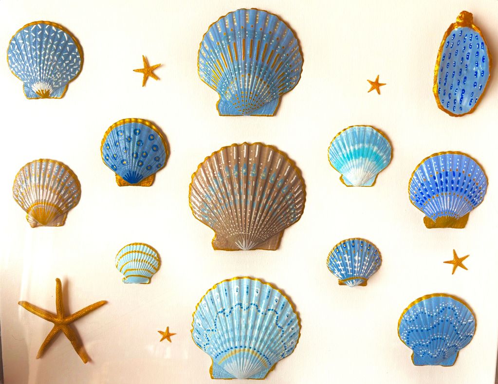 Painted seashells and starfish arranged on white background.